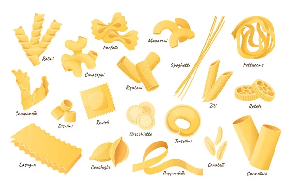 Forme Pasta Italiana Fettuccine Spaghetti Lasagne Cannelloni Secchi Ravioli Maccheroni — Vettoriale Stock