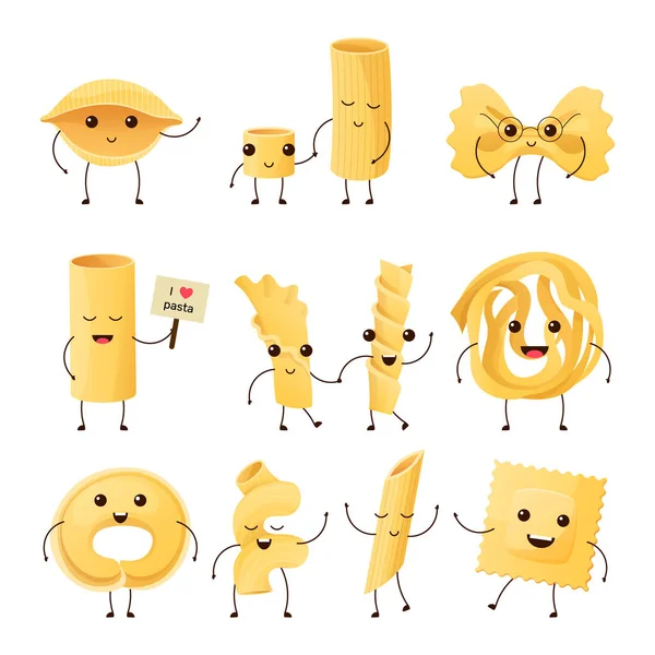 Personajes Pasta Italiana Dibujos Animados Divertidos Productos Fideos Ravioles Mascota — Vector de stock