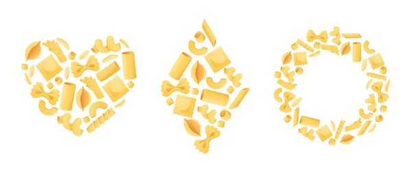 Nudelsymbole Herzförmiges Poster Rautenform Und Kreisrahmen Mit Makkaroni Vektorhintergrund Pasta — Stockvektor