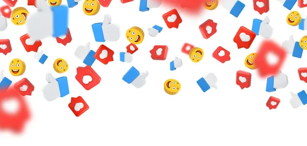 Médias Sociaux Arrière Plan Tombé Sourire Emoji Pouces Levés Cœur — Image vectorielle