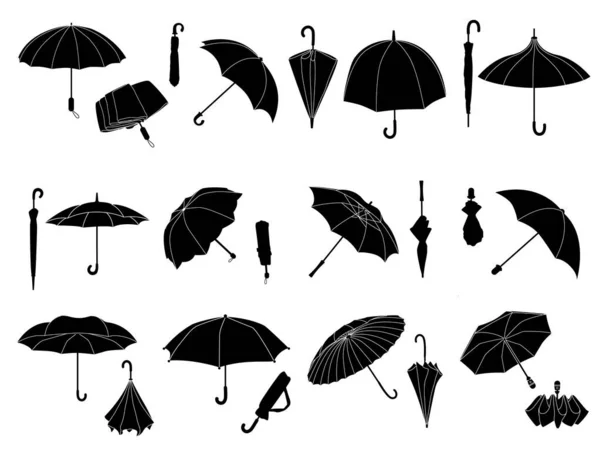 ステンシル傘 折り畳まれたパラソル 雨や日陰のための開いた傘 異なる形状のアクセサリーブラックシルエットベクトルアイコンセットのパラソル天候アクセサリー — ストックベクタ