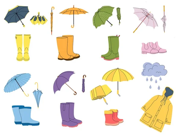 Accessories Rainy Weather Rain Boots Raincoat Umbrella Rubber Footwear Folded — Stock Vector