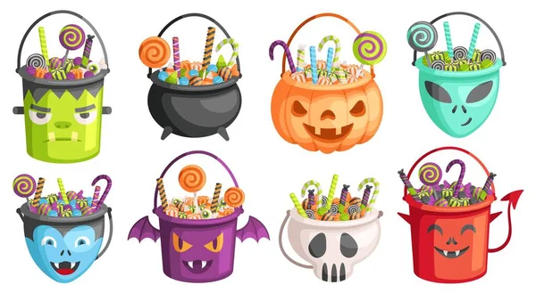 Halloween Eimer Süßigkeitenbeutel Kürbiseimer Mit Bonbons Und Süßigkeiten Jagd Packung — Stockvektor