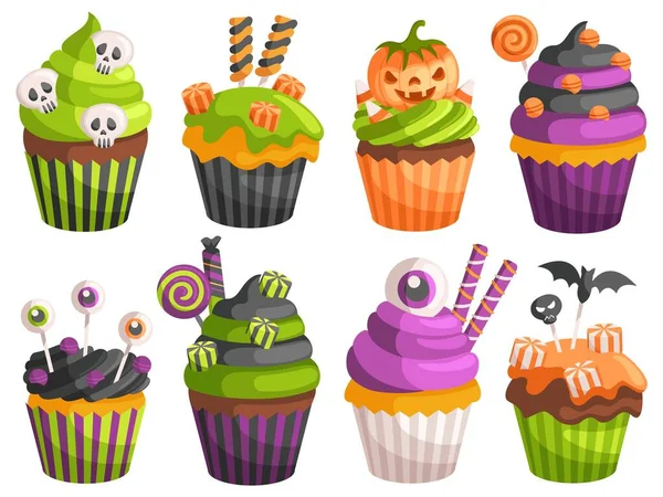 Halloween Cupcakes Gruselig Dekorierte Muffins Thematische Kleine Kuchen Für Den — Stockvektor