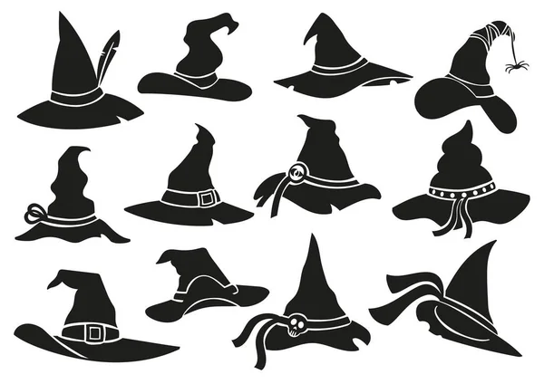 Boszorkány Kalap Stencil Ikonok Halloween Boszorkány Sapka Varázsló Kalap Sziluett — Stock Vector