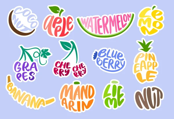 Fruits lettering. Calligraphy food badges, cherry and coconut typographical sign. Banana word, apple fruit and watermelon grocery stickers vector set of lettering food fruit illustration