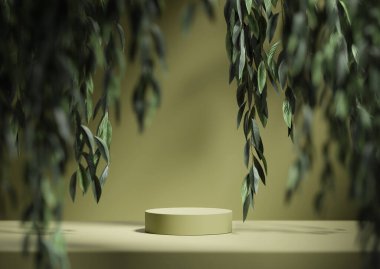 3D podyum ekran arkası. Kozmetik ya da güzellik ürünü tanıtım modeli. Ağacın doğal basamakları. Moda minimalist doğa afişi, 3D render illüstrasyon reklam şablonu.