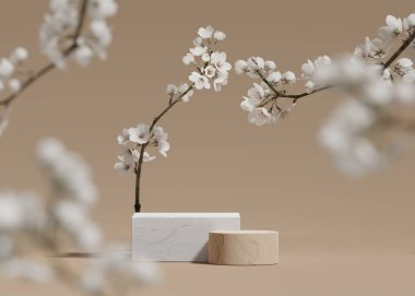 3 boyutlu arka plan, bej podyum. Yuvarlak ekran, sakura beyaz çiçek dalı. Kozmetik ya da güzellik ürünleri tanıtımı. Çiçek kaidesi. Reklam asgari düzeyde. 3B kopyalama alanı şablonu