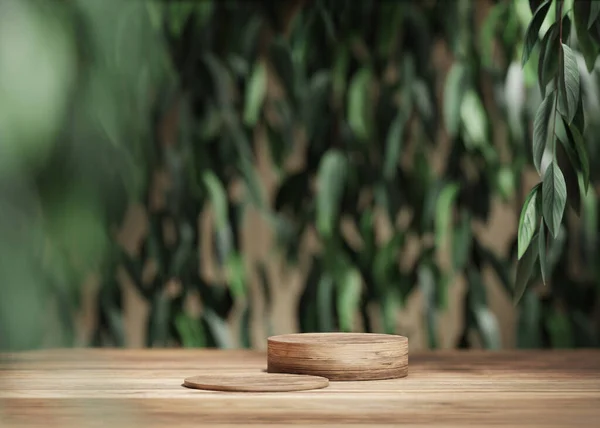 3D背景 木制讲台展示 天然木管立柱 绿树成荫 绿树成荫 产品推广美容美发 工作室极小 模版模仿广告 3D渲染 — 图库照片