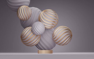 3 boyutlu arka plan podyumu, soyut metalik altın Noel topu uçuşu. Pastel mor gri ilkeller kaideden yükseliyor. Kozmetik, güzellik ürünü yerleştirme. Moda duruşu, 3B oluşturma