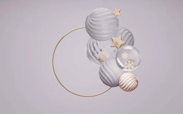 3D背景显示 抽象金属金圣诞球和恒星在边框飞行 粉紫色灰色原生植物 化妆品 美容产品的摆放或文字 时尚的复制空间 3D渲染 — 图库照片