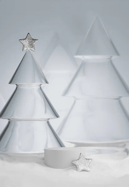 Fundo Natal Exibição Pódio Com Estrelas Brilhantes Neve Branding Branco — Fotografia de Stock