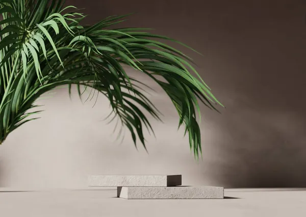 Background Stone Podium Display Nature Rock Pedestal Tropical Palm Leaf — стоковое фото