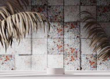 3D background, white podium display with palm leaf shadow and terrazzo stone tiles. Cosmetic, beauty product promotion mockup. Nature pedestal. Oriental minimal studio banner, 3D render illustration