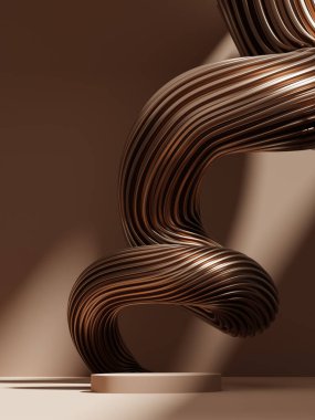 3D background, podium display. Natural nude, beige banner, brown backdrop. Nature sun light and shadow. Product promotion Beauty cosmetic. Wave gold abstract. Studio, empty stand Minimal 3D render 