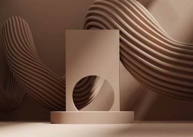 3D background, podium display. Natural nude, beige banner, brown backdrop. Nature sun light and shadow. Product Beauty cosmetic promotion. Wave brown abstract. Studio, empty stand Minimal 3D render