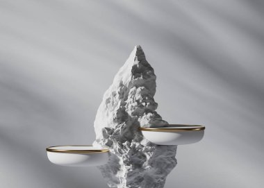 3D podium, stone display set. Copy space white background. Cosmetic or beauty product promotion mockup with gold. Luxury rock step pedestal. Trendy minimalist banner, 3D render illustration.