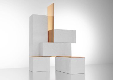 3D podium, white display set. Copy space white background. Cosmetics or beauty product promotion mockup.  Luxury concrete, stone step pedestal. Trendy minimalist banner, 3D render illustration.