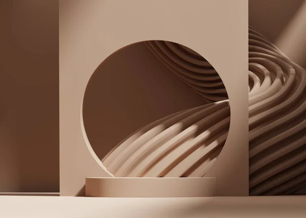 3D background, podium display. Natural nude, beige banner, brown backdrop. Nature sun light and shadow. Product Beauty cosmetic promotion. Wave brown abstract. Studio, empty stand Minimal 3D render