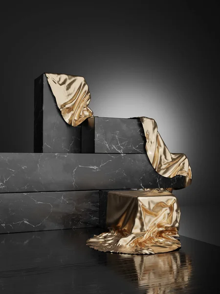 3D podium, marble display set. Copy space black background. Cosmetic or beauty product promotion mockup. Luxury stone step pedestal. Minimalist banner with gold cloth 3D render illustration.