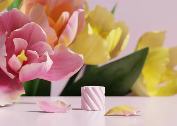 Exibir Pódio Pastel Fundo Flor Rosa Flor Tulipa Pedestal Mínimo — Fotografia de Stock