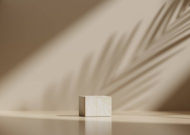 3 boyutlu arka plan, doğal palmiye yaprağı gölgesinde ahşap kaide podyumu bej renkli arka plan. Tropik ürün tanıtımı Güzellik Kozmetik Ahşap Sergi. Çıplak Stüdyo Minimum Vitrin 3D yorumlama reklamı.