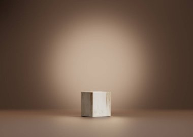 3 boyutlu arka plan, bej ahşap podyum boş stand. Güneş gölgesi kahverengi arka plan. Yaz ürünü tanıtımı güzellik kozmetik kaidesi. Kahverengi Stüdyo Minimum Vitrin 3D yorumlama reklamı.