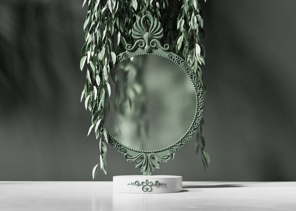 Display Podium Green Background Luxury Old Antique Frame Tree Leafs Stock Photo