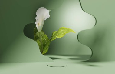 3D podyum pastel arka plan. Yapraklı beyaz çiçek. Güzellik ve kozmetik ürünler için doğal gelişim minimumda. Yaz ve bahar Feminen kopya alanı şablonu 3d oluşturma
