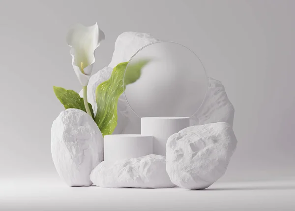 3D podyum beyaz arka plan ve taş görüntüsü. Yeşil yapraklı ve taş çerçeveli bir çiçek. Doğa gelişimi güzellik, kozmetik ürün sunumu için minimum kaidedir. Kadınsı, organik model, 3D canlandırma.