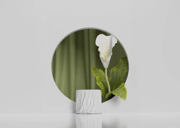Kijelző Dobogó Fehér Háttér Kerek Keret Virág Zöld Levéllel Függönnyel — Stock Fotó