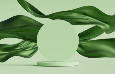 3D podyum, yeşil arka plan, yuvarlak çerçeve kaidesi ve uçan ipek kumaş perdesi. Doğa rüzgarı. Güzellik, kozmetik ürün sunumu. Lüks kadın şablonu 3D sunum reklamı