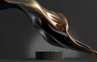 3D podyum siyah zemin. Şatafatlı uçan kumaş hareket halinde. Güzellik, kozmetik ürün sunumu için en az altın kaide. Kadınsı kopyalama alanı, boş şablon, stüdyo 3D görüntüleme