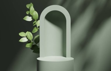 Yaprak gölgeli 3 boyutlu ahşap podyum. Uzayın yeşil arkaplanı kopyala Kozmetik ya da güzellik ürünü tanıtım modeli. Doğal adım kaidesi. Moda minimalist, art deco 3D çizim.