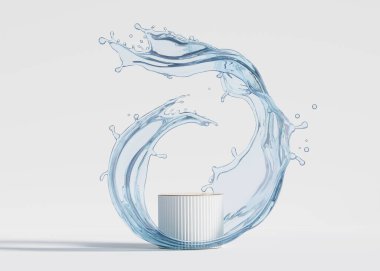 Üç boyutlu beyaz arka plan. Stüdyoda su sıçraması olan yaya podyumu. Güzellik ürünleri için vitrinli mavi sıvı akış, kozmetik promosyonu. Soyut 3D görüntüleme. Reklam modeli