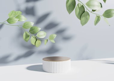 3D podyum mavi arka plan. Yeşil yaprak gölgesi. Doğa en az altın ve beyaz kaide. Güzellik, kozmetik ürün tanıtım adımı. Parlak kadınsı kopyalama alanı şablonu 3d oluşturma