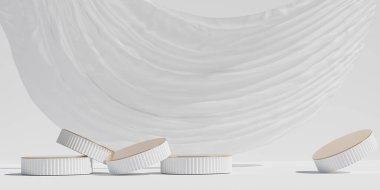 3D podyum beyaz arkaplan görüntüsü. Şatafatlı uçan kumaş hareket halinde. Güzellik, kozmetik ürün sunumu için asgari kaide. Kadınsı kopya alanı şablonu, lüks perde, stüdyo 3D görüntüleme