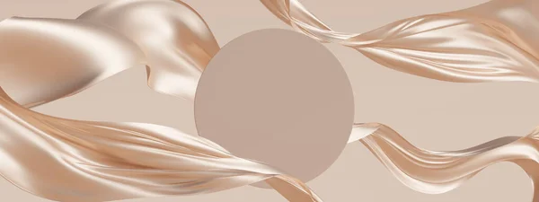 3D ekran, bej arkaplan yuvarlak, daire çerçeve metin için. Çıplak renkli ipek kumaş perde. Doğa rüzgarı. Güzellik, kozmetik ürün sunumu. Lüks kadın şablonu 3D sunum reklamı