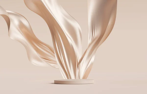Display Podium Beige Background Pedestal Flying Nude Color Silk Cloth — Foto Stock