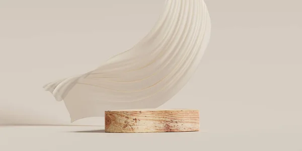 Display Podium Beige Background Beige Cloth Motion Minimal Wood Pedestal — Stock Photo, Image