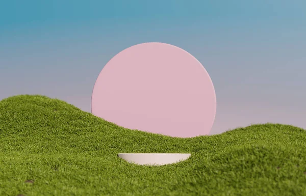 3D display podium background. Natural green grass with pink round frame. Nature blue sky minimal pedestal, beauty, cosmetic product presentation. Spring, summer landscape 3d render.