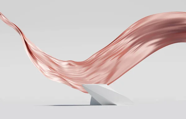 Display Podium White Background Pedestal Pink Flying Silk Cloth Curtain — Φωτογραφία Αρχείου