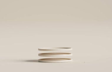 3D ekran podyumu. Pastel bej arka plan ve kaidesel çıplak renk yaratıcı duruşu. Doğa güzelliği, kozmetik ürün sunumu temiz şablon. Minimum 3D modelleme. Parlak stüdyo reklamı