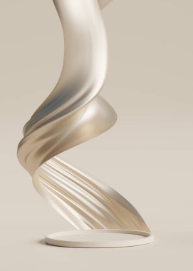 3 boyutlu podyum, bej arka plan, kaidesi ve uçan çıplak renk ipek kumaş perdesi. Doğa rüzgarı. Güzellik, kozmetik ürün sunumu. Lüks kadın modelleme 3D sunucu reklamı