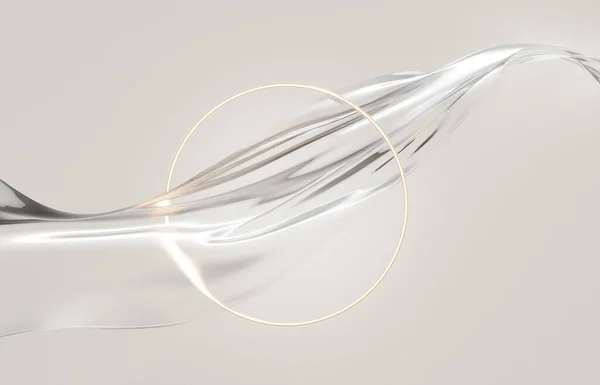 3 boyutlu bej arkaplan görüntüsü. Havada uçuşan şeffaf kumaş. Cazibe, asgari güzellik kaidesi, kozmetik ürün sunumu. Neon ışık dairesi çerçeve, boş model, stüdyo 3D görüntü