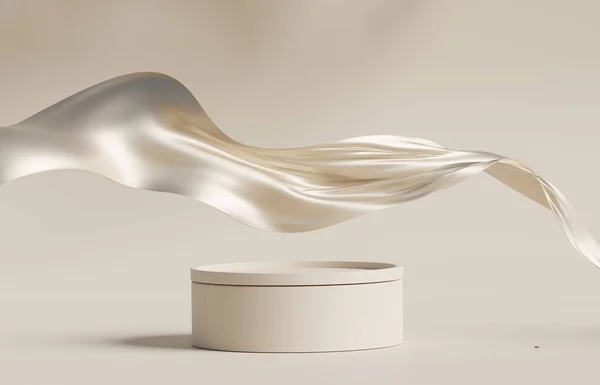 3 boyutlu podyum, bej arka plan, kaidesi ve uçan çıplak renk ipek kumaş perdesi. Doğa rüzgarı. Güzellik, kozmetik ürün sunumu. Lüks kadın modelleme 3D sunucu reklamı