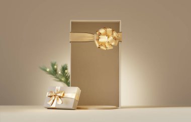 3 boyutlu podyum gösterisi, ürün sunumu ya da metin için Noel arkaplanı. Noel bej arka planı. Kahverengi süs eşyası. Altın kurdeleli boş hediye kutusu. Kış damgası. 3B hazırlama modeli.