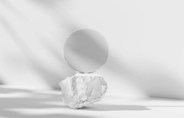 Beyaz arka planda 3 boyutlu podyum görüntüsü. Doğa taşı ve gri çember zemin. Parlak kozmetik ürünleri, gölgeli güzellik ürünleri teşvikleri. Özet Stüdyo 3D oluşturma modeli