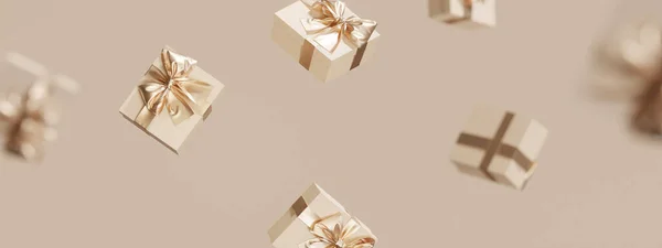 Gift Box Golden Ribbon Bow Levitating Beige Pastel Background Flying Stock Picture