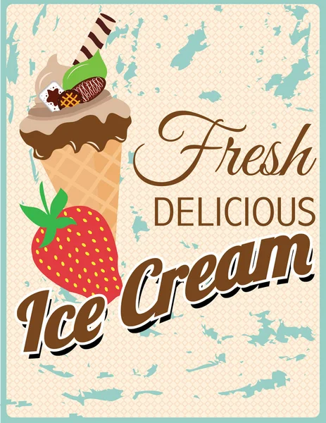 Fresh Retro Delicious Ice Cream Poster with Strawberry — Stock Vector